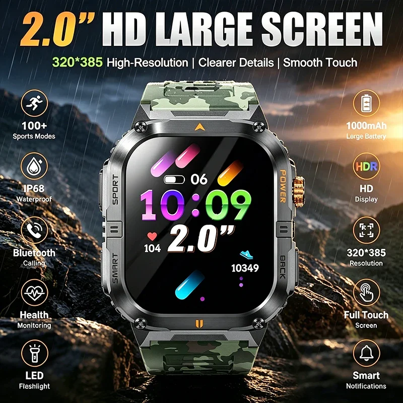 

2026 New 1000mAh Smart Watch 2.0" HD Screen 100+ Sports Modes IP68 Waterproof LED Flashlight Health Monitor BT Call Smart Watch