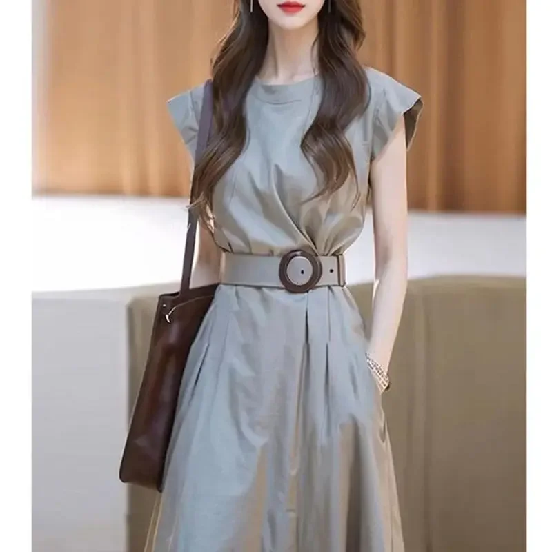 

Лето 2023, женское утягивающее дизайнерское платье с высокой талией, юбка трапециевидной формы, платье из смеси полиэстера с короткими рукавами и круглым вырезом