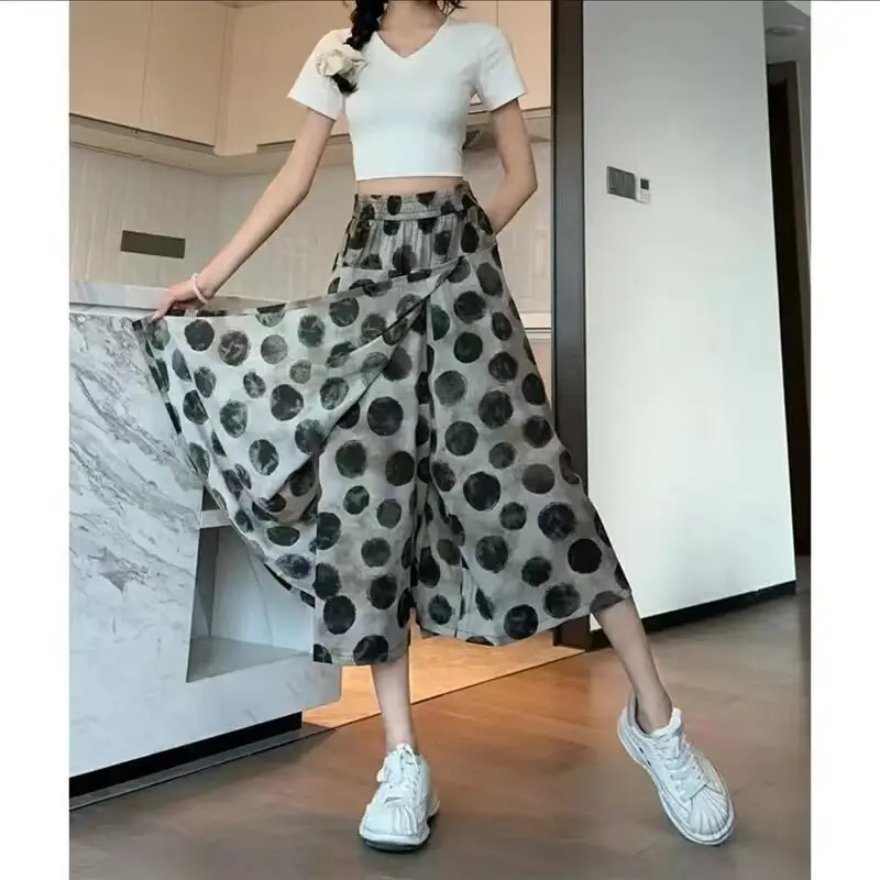 

Summer New Elastic Waist Fashion Printing Trouser Skirts Women High Street Loose Ventilate Elegant Patchwork Calf-Length Pants