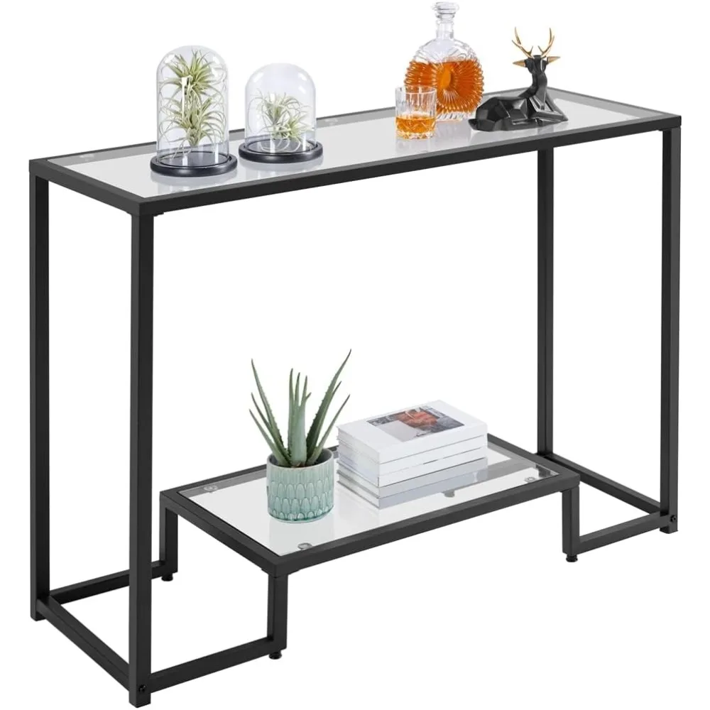 42 Inch Console Table, Tempered Glass Entryway Table, 2-Tier Sofa Table with Storage Shelves, Entrance Table for Hallway Living