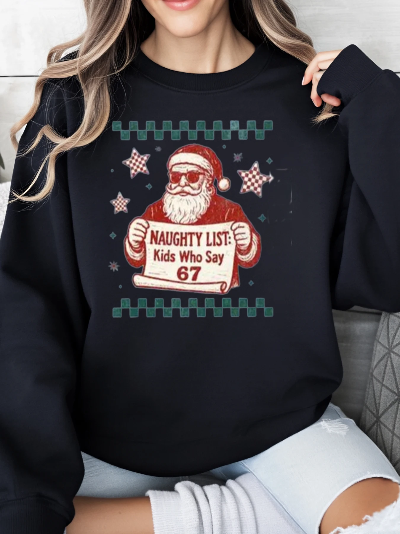 

Санта-держащий непослушный список Kids Who Say 67, рождественский свитшот, женская повседневная праздничная одежда, черный, больших размеров