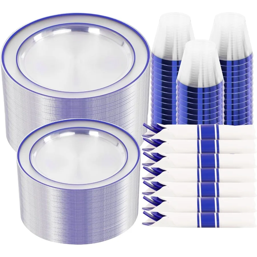 

350 шт. Синий пластиковый набор посуды для 50 гостей включает в себя: 50 обеденных тарелок 50 десертных тарелок 50 предварительно завернутых салфеток с столовым прибором