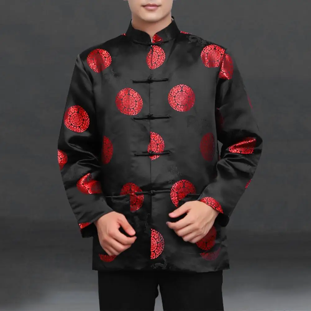 1Pc Men Tang Suit Top Festive Long Sleeve Chinese Style Shirt Satin Smooth Comfy Stand Collar Tang Suit Top for Elderly Men