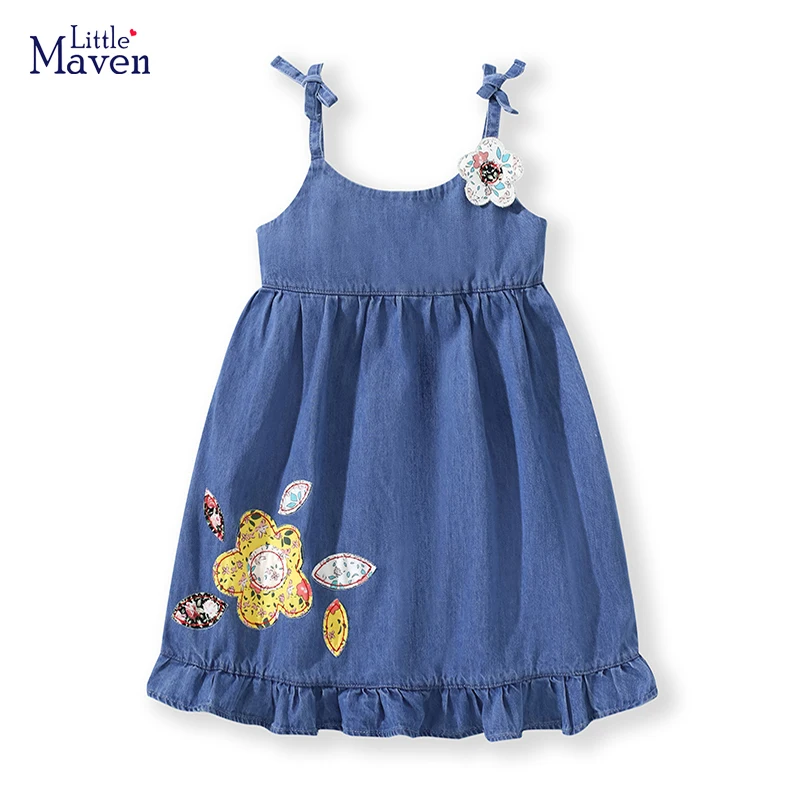 Little Maven Girls Dresses for Children Kids Clothes Summer Cartoon Short Sleeves Denim Skirt Children\'s Clothing Vestidos