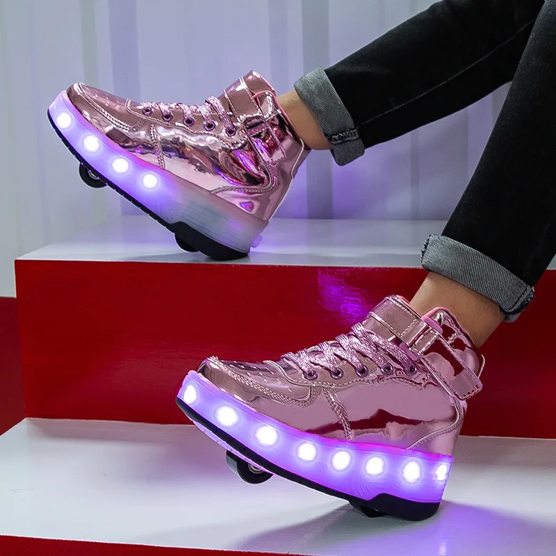 LED Children Two Wheels High Shoes Fashion PU Leather Kids Roller Skates USB Charging Boys & Girls & Adults Sneakers Size 28-41