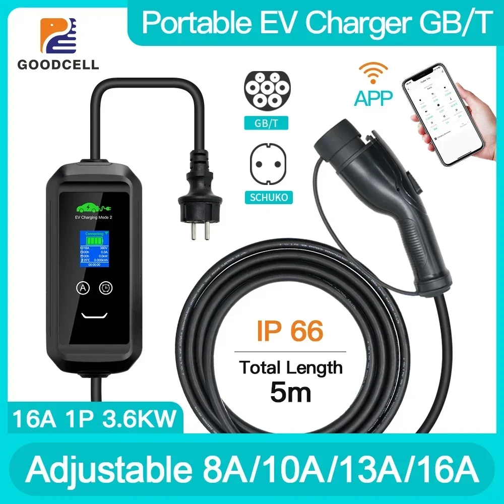 

Mobile Level 2 EV Charger GBT Standard APP Control 16A 1P 3.6KW Wallbox For Electric Vehicle China Cars 8/10/13/16A Schuko Plug