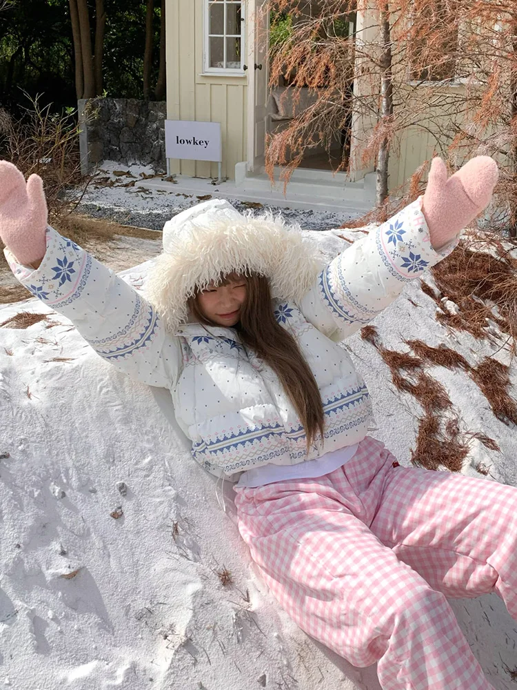 Outono inverno feminino geométrico peludo com capuz manga longa solto algodão acolchoado casaco senhora casual quente acolchoado curto outwear