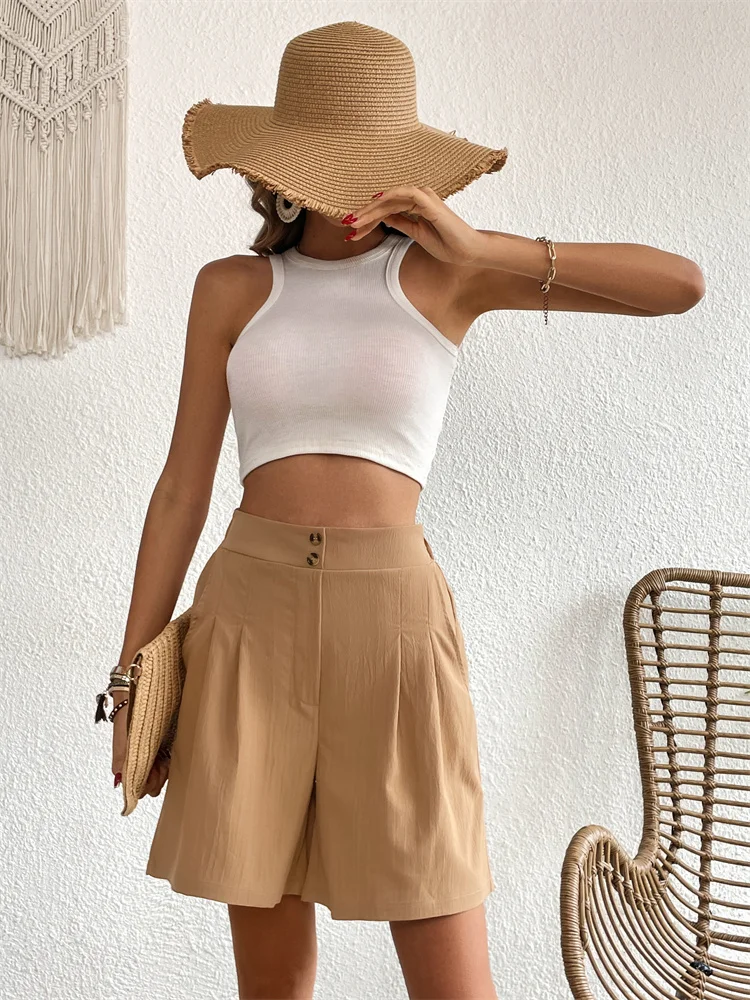 

Женские свободные шорты с завышенной талией, повседневные однотонные широкие брюки на пуговицах, тонкие трикотажные штаны, летняя одежда 2023