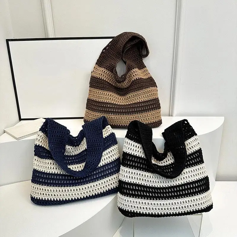 

Retro Striped Knit Shoulder Bag - Hollowed Out Design with Handheld & Crossbody Strap, Spacious Tote for Commute & Shopping