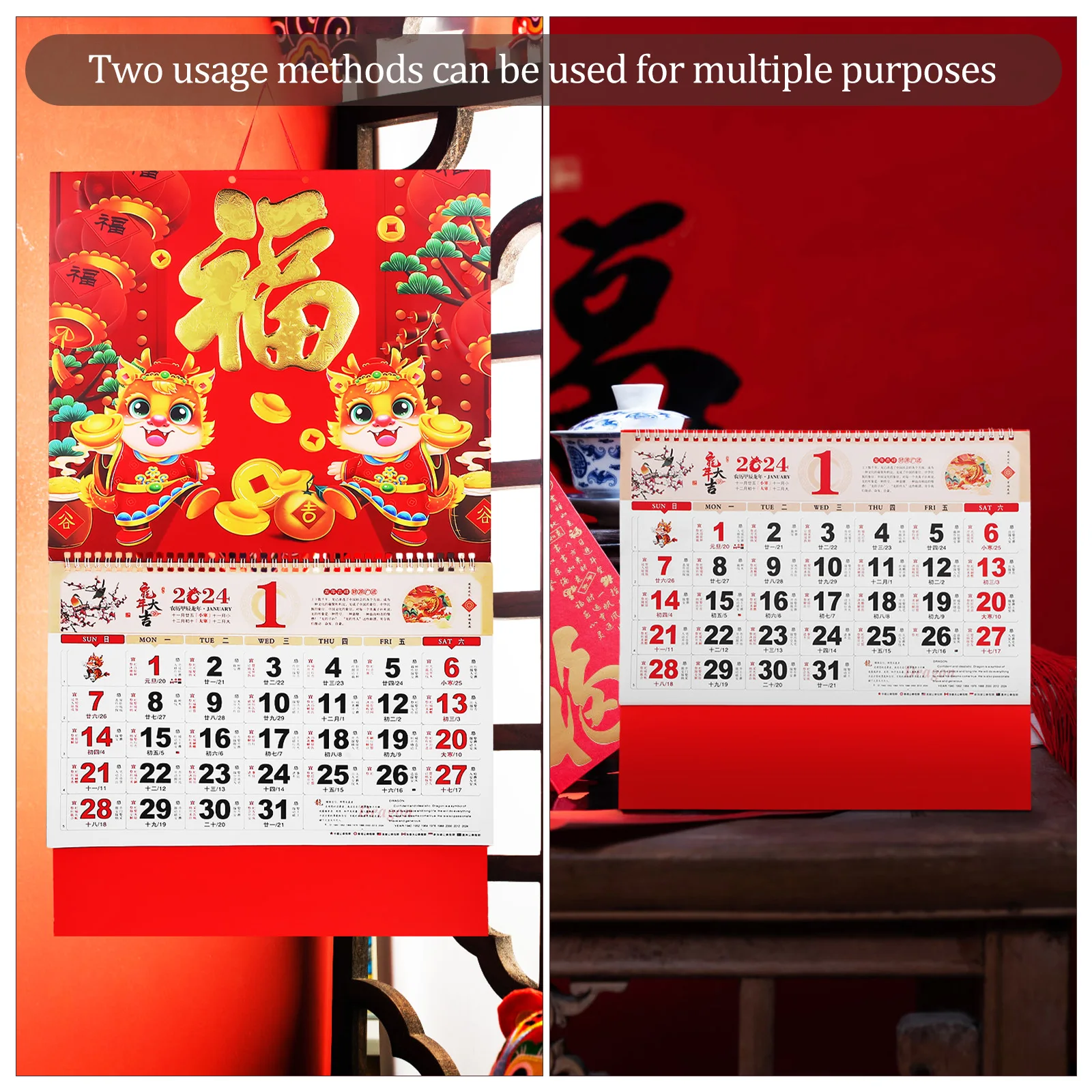 

2 Pcs Golden Dragon Calendar Jumbo Wall Traditional Home Monthly Chinese Lunar Hanging Calendars Household Office
