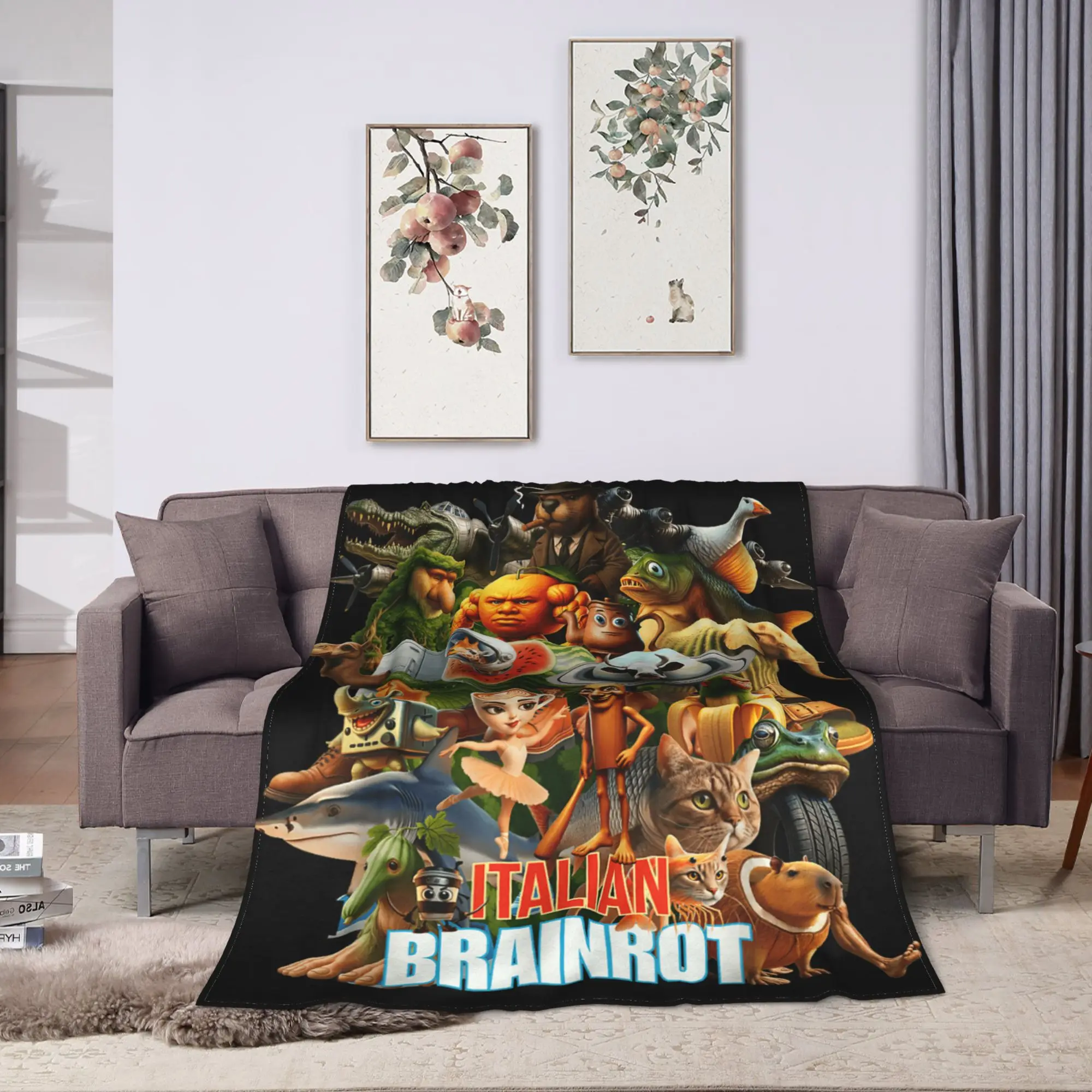 Super Warm Blanket Italian Brainrot Viral Meme Collage Bedding Throws Flannel Bedspread For Couch Chair Bed Fluffy Bed Cover