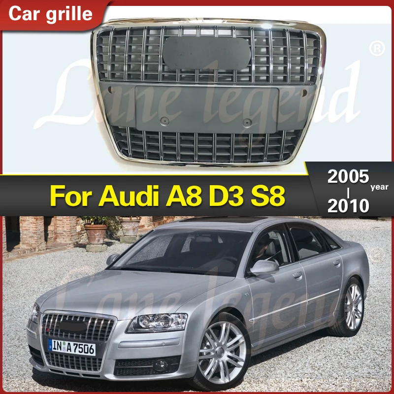 

ABS Gray Chrome Front Bumper Grill Mask Radiator Grille for Audi A8 D3 S8 2005-2010 for S8 Style Racing Grills Car Accessories