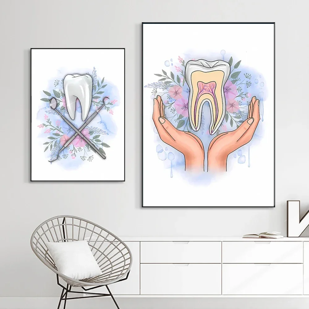 1 Stück rahmenloses Leinwandbild, abstraktes Aquarell, Zahn-Anatomie, Blumen-Poster, Drucke, Zahnarzt-Leinwand-Wandbilder für den Klinikbereich