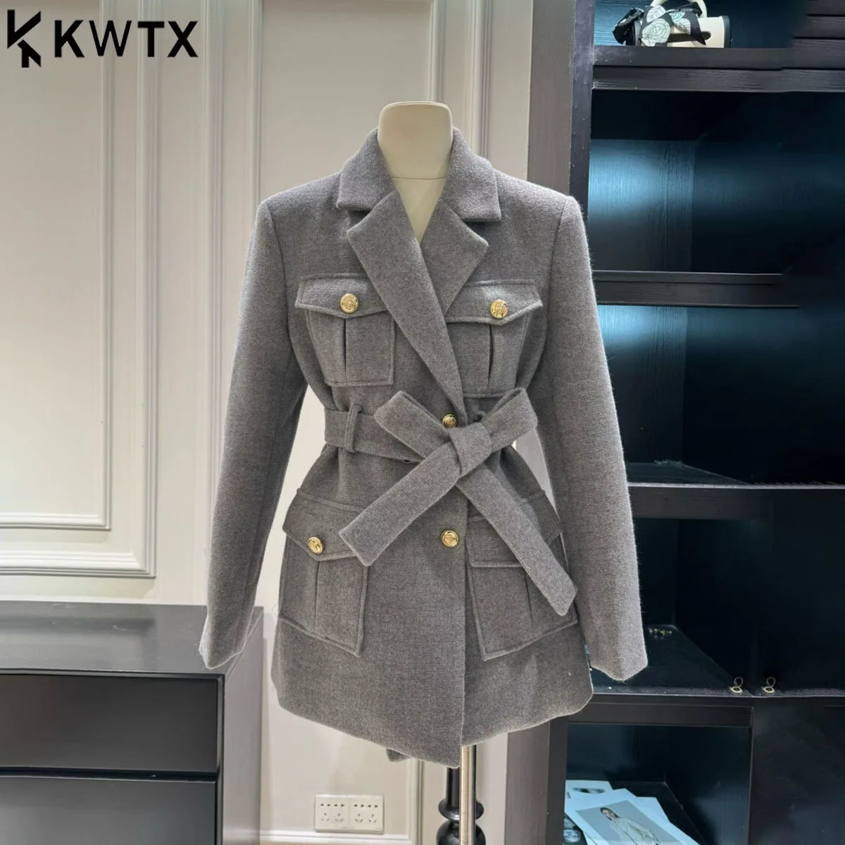 

KWTX женский блейзер 19225, однобортный пиджак с поясом и карманами, винтажная шикарная однотонная осенне-зимняя повседневная куртка премиум-качества