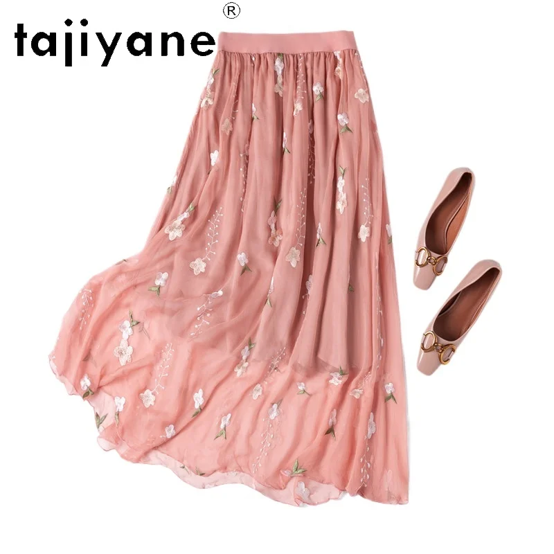 

TAJIYANE 100% Mulberry Silk Skirt Pink Floral Embroidery Elastic Waist Flowy A-line Silk Skirts for Women 2026 Woman Clothes 스커트