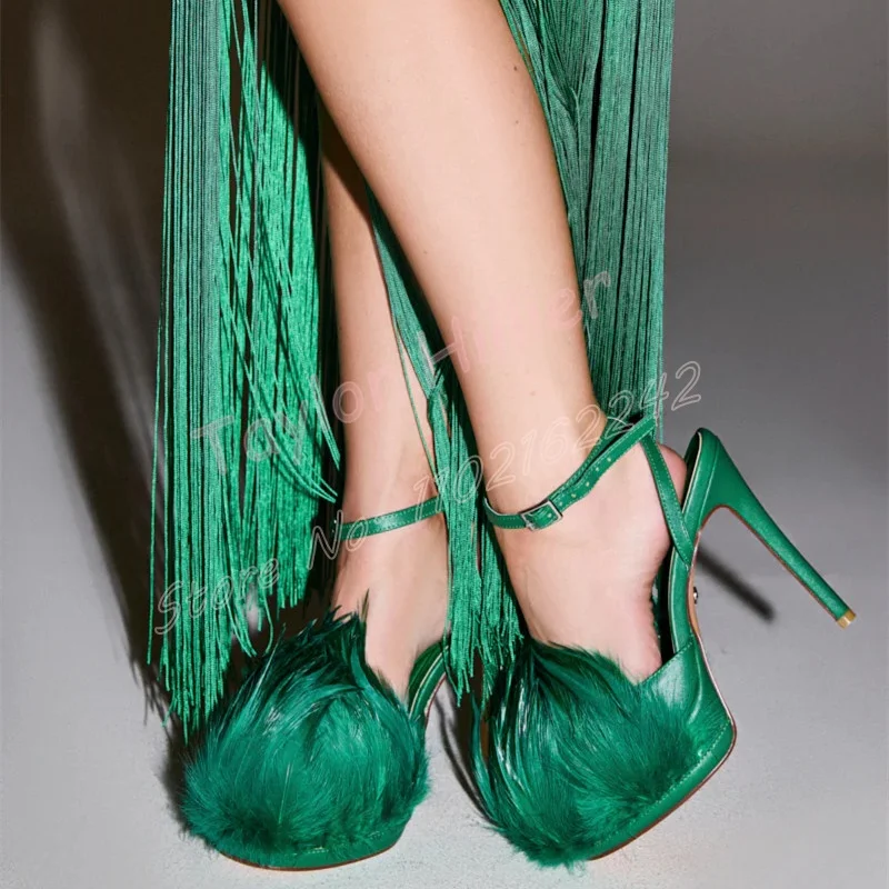 

Women'S Feather Decoration High Heels Summer Round Toe Stiletto Buckle Strap Patent Leather Sandals Evening Party Women Shoes 46