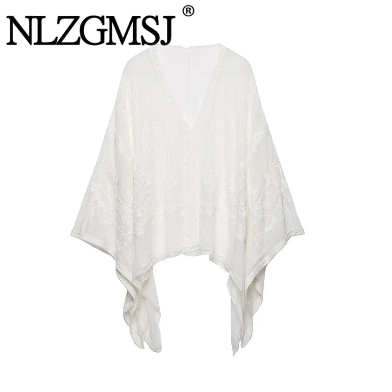 Nlzgmsj 2026 Autumn Women V Neck Embroidery Blouse Batwing Sleeve Irregular Hem Loose Casual Vacation Top