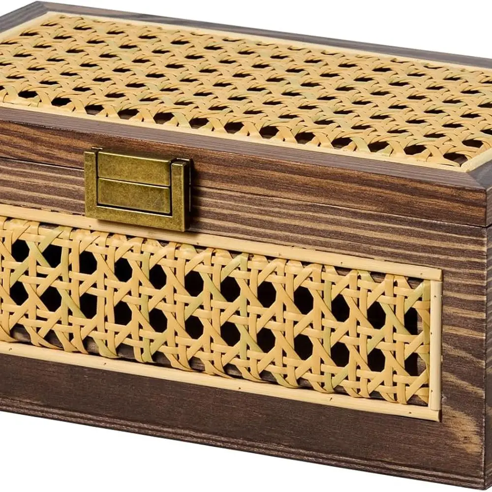 

Handcrafted Rattan Storage Baskets with Lid, Natural Wooden Frame, Boho Style, Stackable Wicker Bins for Home Organization (Waln