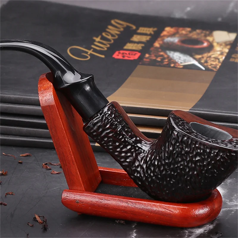 Ebony Wood 9mm Filter Flue Tobacco Pipe Retro Gentleman Bent Type Handle Handmade Smoking Pipe With Accessory Dad\'s Gift