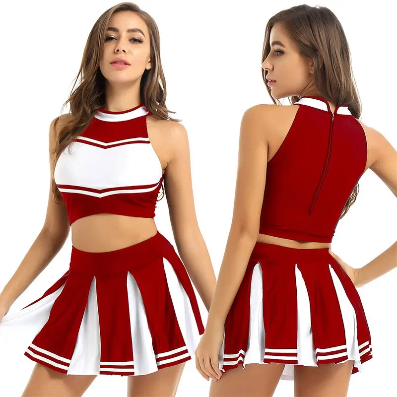 Womens Adults Cheerleading Costume Uniform Suit Carnival Cosplay Outfit Stand Collar Sleeveless Crop Top with Mini Pleated Skirt