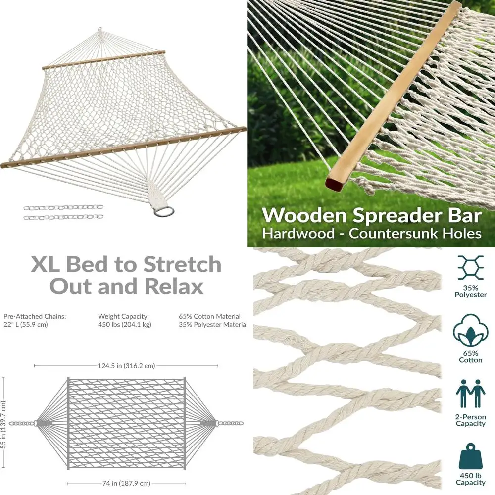 

Natural Cotton Outdoor Hammock with 450 lbs Capacity and Spreader Bars, Suitable for Indoor or Outdoor Use