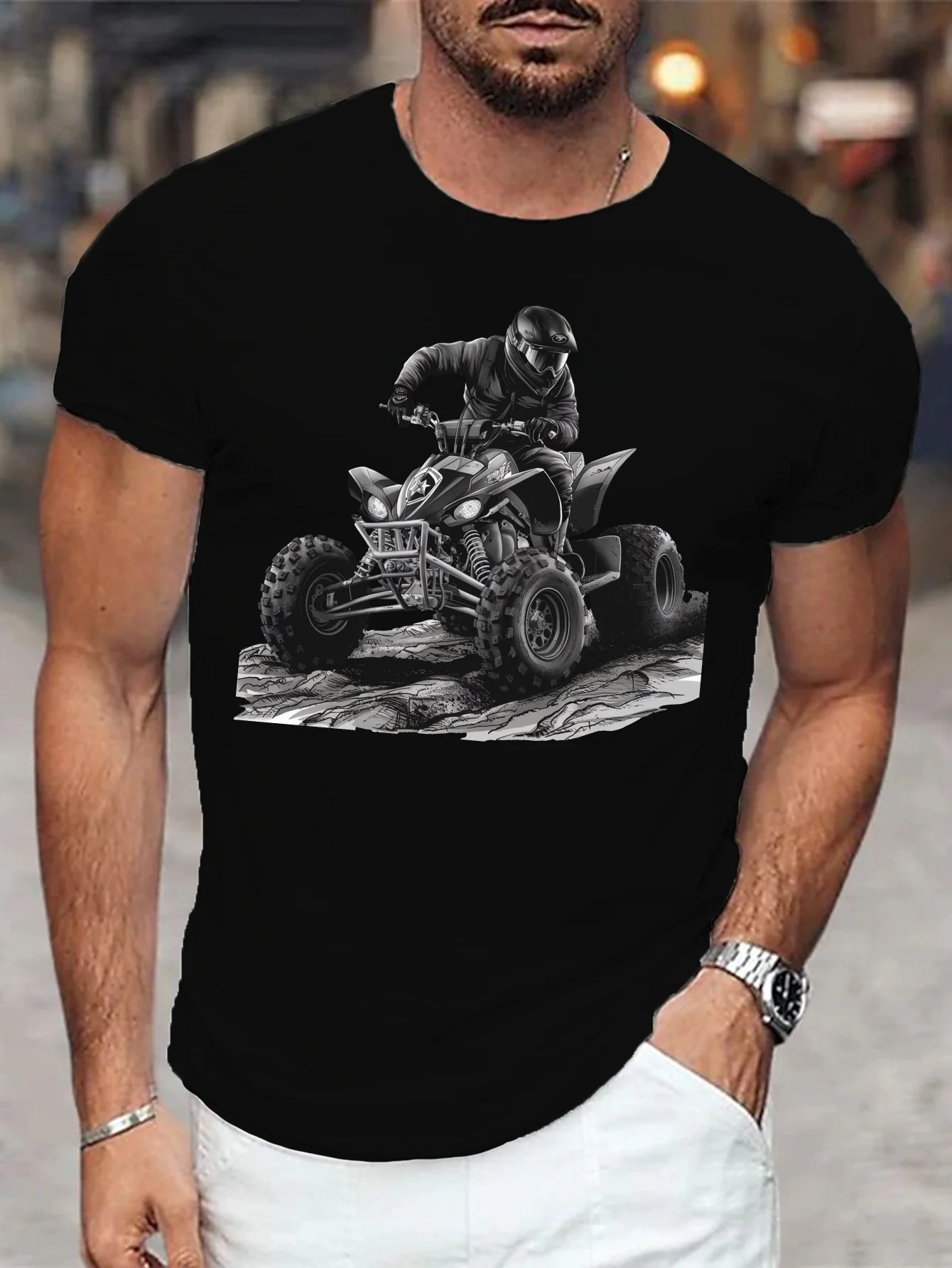 [Fearless Rider Casual Short Sleeve] เสื้อยืดกราฟิก ATV Fearless Rider สําหรับผู้ชาย - แขนสั้นลําลอง, โพลีเอสเตอร์ระบายอากาศได้, เครื่องจักร