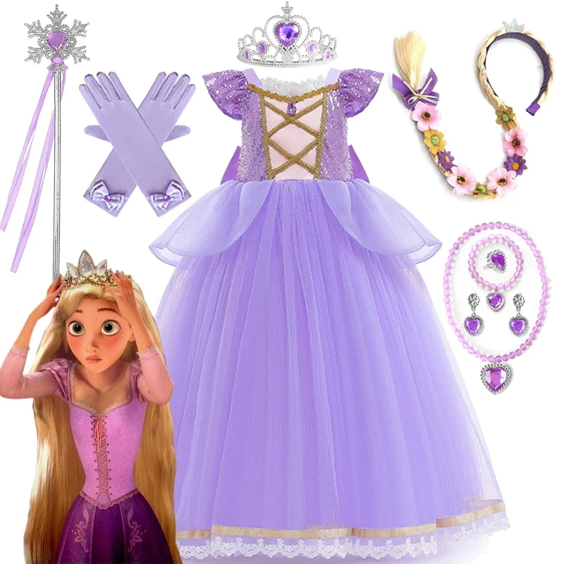 Disney Rapunzel Dress for Girl Carnival Dress Up Fantasy Children Birthday Party Princess Cosplay Costume Kids Halloween Clothes