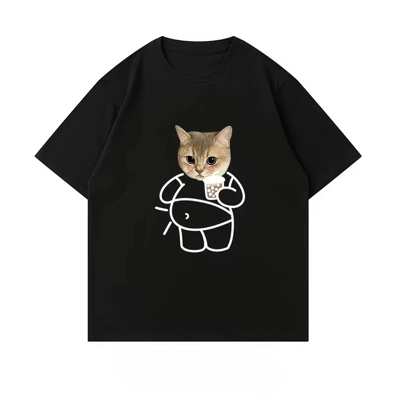 القط شرب شاي فقاعات 2025 صيف جديد وصول متعة طباعة قصيرة الأكمام تي شيرت المرأة فضفاضة تناسب القطن طاقم الرقبة قميص جذاب #3