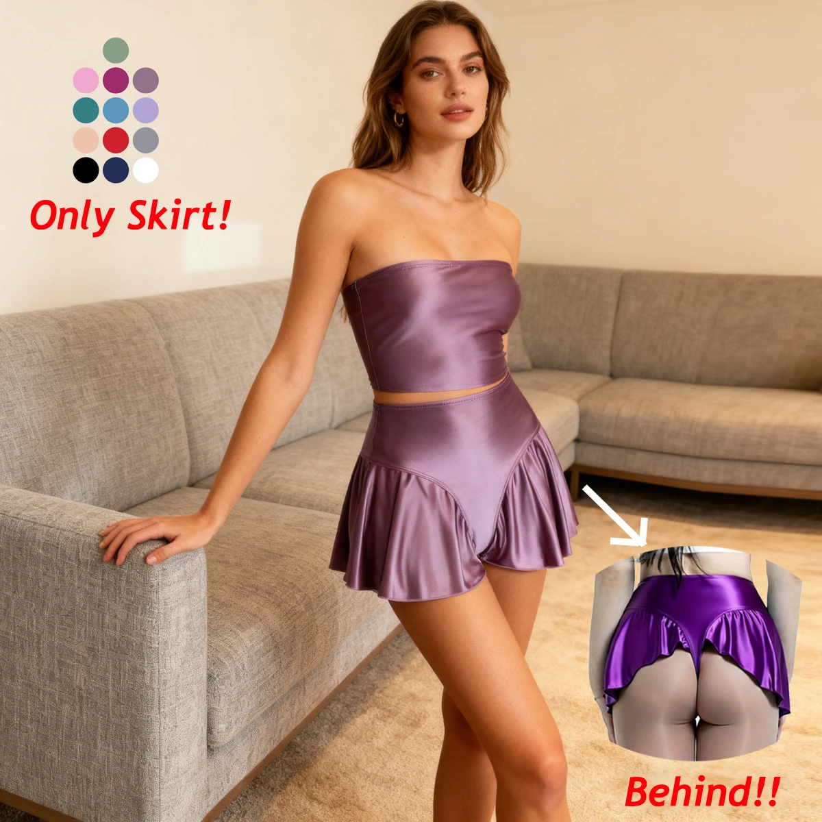 MJINM Donna Oleosa Glitter Spandex Elastico Yoga Danza Aerobica T-butt a forma di T Triangolare Gonna corta a pieghe A balze Underdress