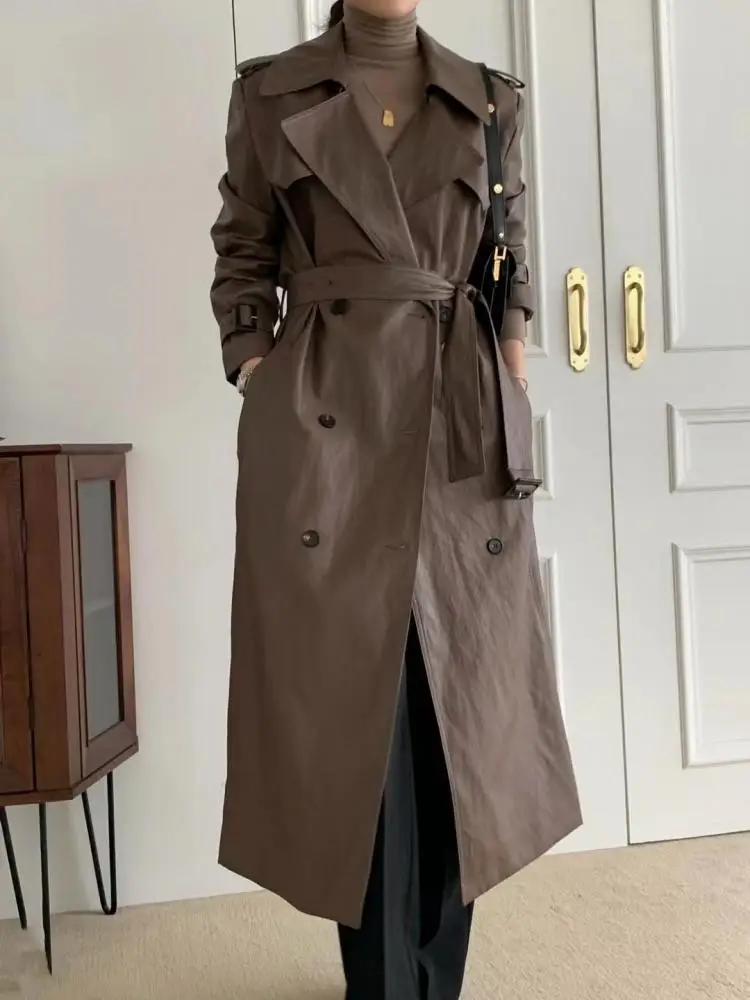 

Korean Women's Khaki Pu Leather Elegant Bandage Trench Coat Autumn Winter Brown Double Breasted Long Sleeved Jackets Tops Trendy