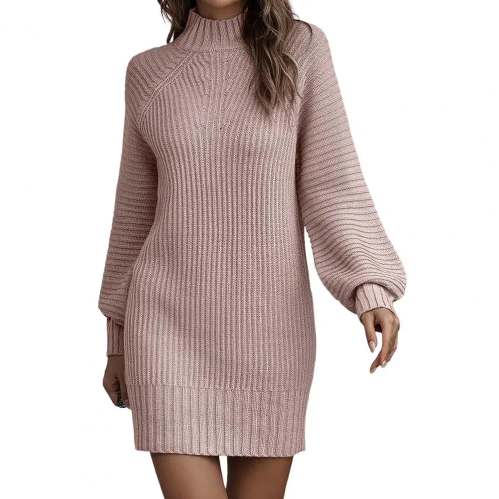 

Women Turtleneck Long Sleeve Ribbed Knit Sweater Dress Pullover Autumn Winter Clothes Solid Bodycon Mini Dress