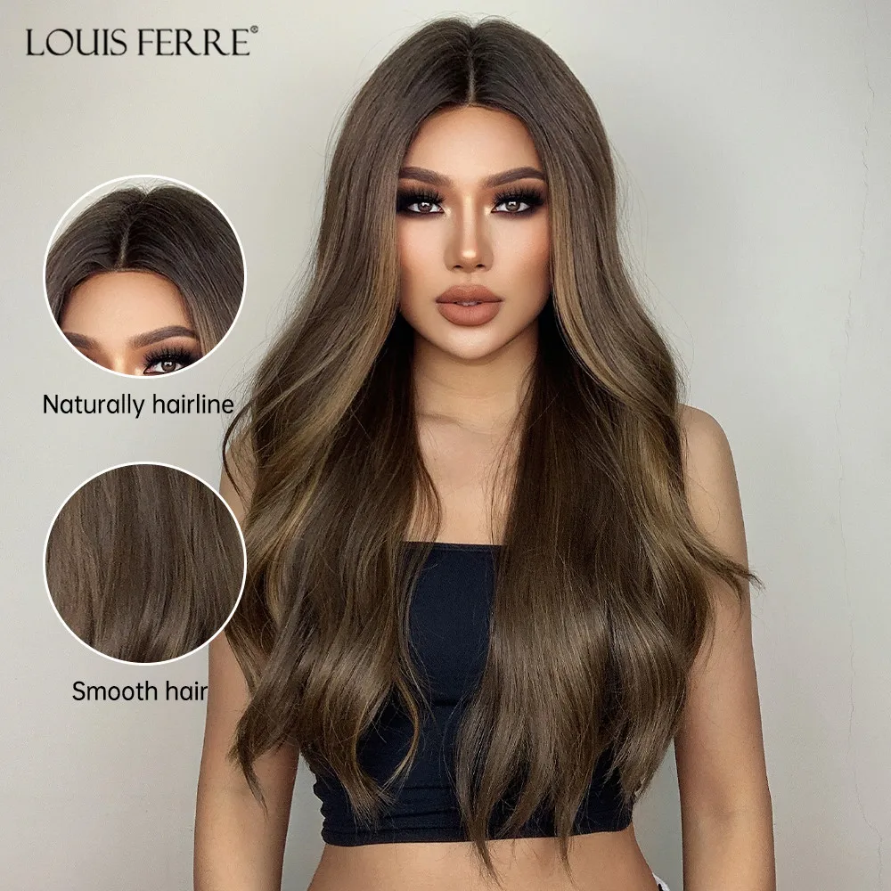 LOUIS FERRE Long Brown Lace Frontal Synthetic Wigs Dark Brown Body Wavy Highlight Wig Natural Hairline Daily Heat Resistant Hair