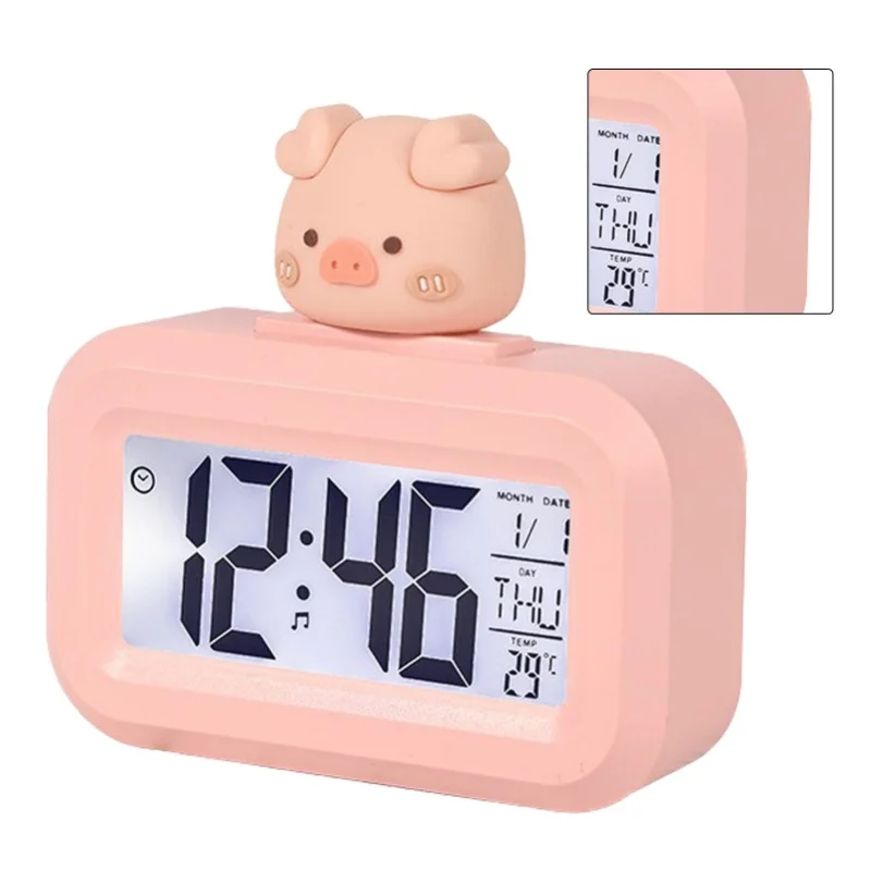 C5 Electronic Table Clock Cute Cartoon LED Screen Desktop Clock Electronic Alarm Data Time Calendar Temperature Clock Pink Piggy