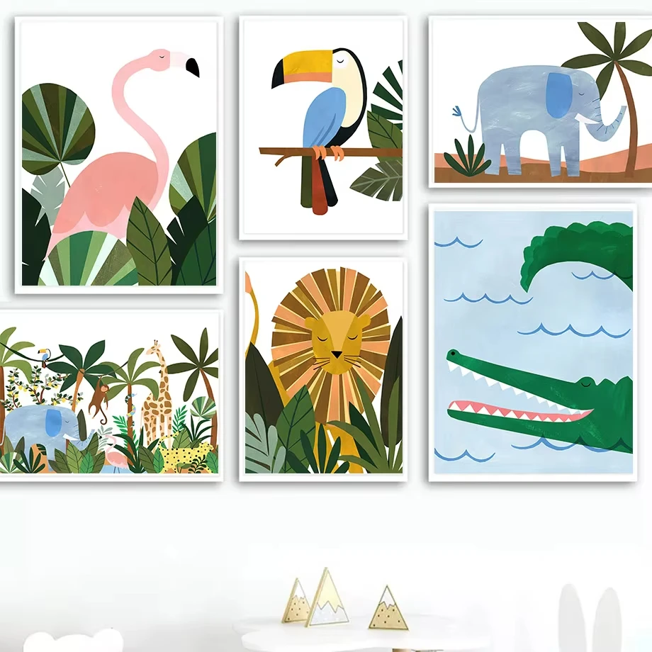 

Wall Art Print Lion Elephant Toucan Flamingo Crocodile Nursery Canvas Painting Nordic Poster Wall Pictures Baby Kids Room Decor