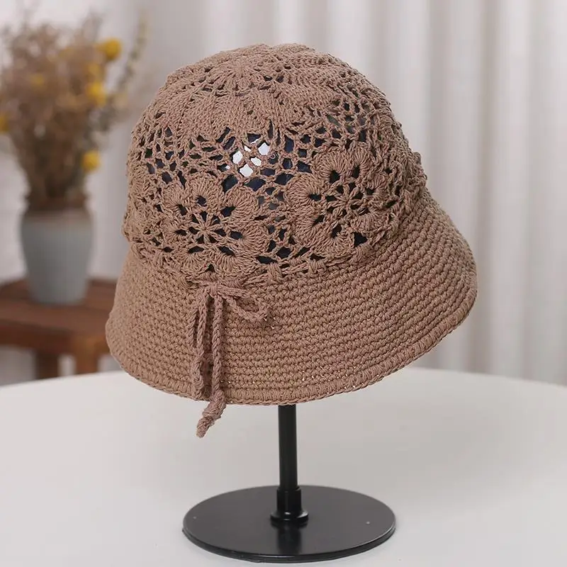 Handmade Braided Hat Women\'s Spring and Summer Japanese Bow Hollow Flower Bucket Hat Adjustable Knitted Woolen Cap