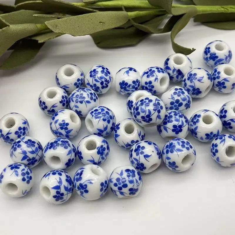 20pcs 8 10 12mm Blue and White Porcelain Ceramic Beads Flower Round Loose Spacer Beads For Jewelry Making Bracelet Necklace