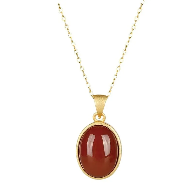 Women's 24K Gold (AU999) Natural Nanhong Agate Pendant | 3D bamboo setting, filigree cloud motifs with mother-of-pearl