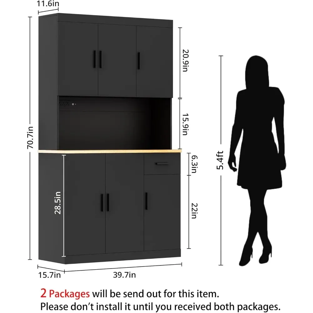 Kitchen Pantry Cabinet,with Power Outlet, Freestanding Hutch with countertop 71