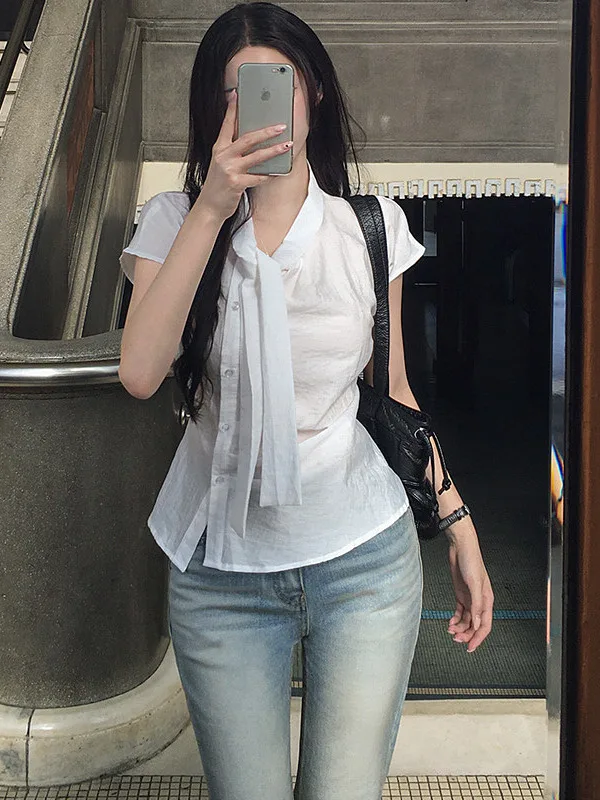 Korean Style Irregular Short Sleeve Shirt Women's Fashion Luxury Sense Shirt Petite Super Good Looking Top Women's Clothing