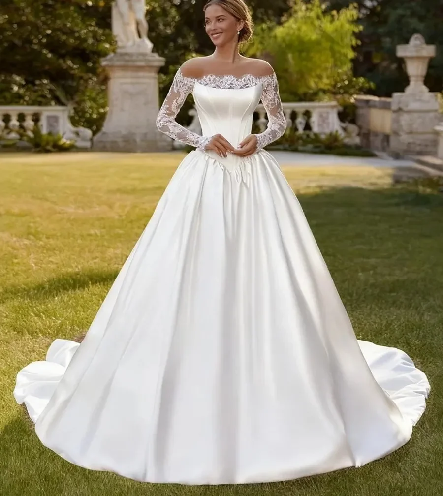 

New Arrival Wedding Dresses 2026 Sheer Neck Long Sleeves Lace Satin Sweep Train A Line Bridal Bride Gowns Vestidos De Noival