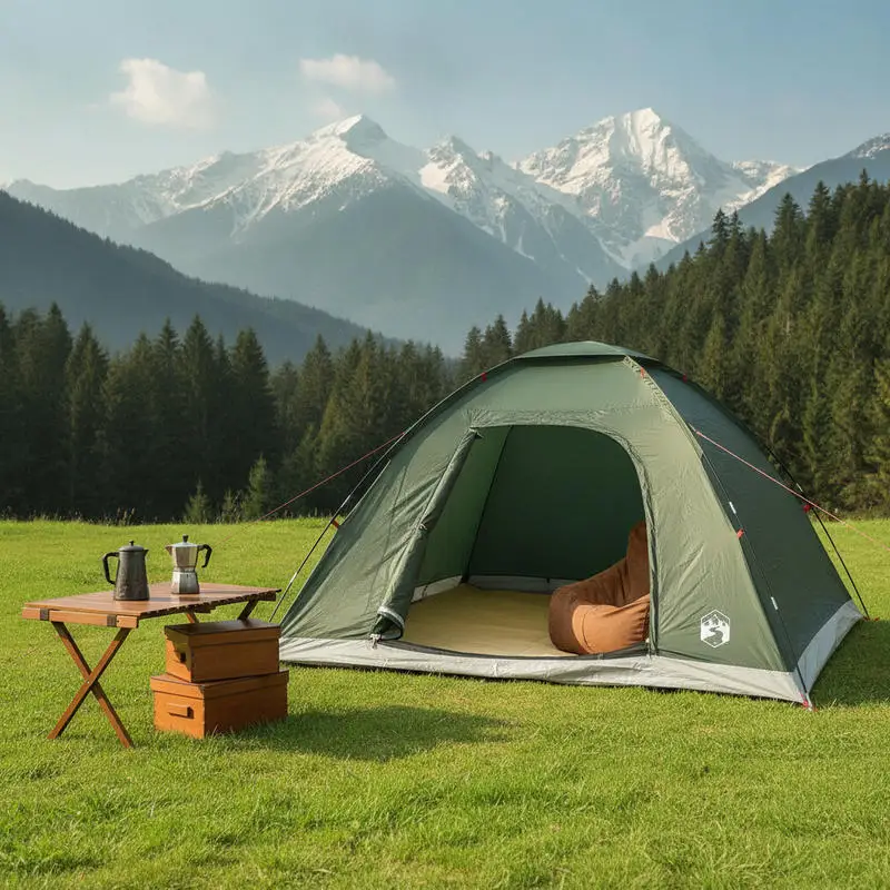 Tente de camping avec toit vert militaire 335 x 275 x 180 cm Idéale pour la randonnée en banlieue, le camping en bord de lac et les séjours de nuit en bord de mer avec une excellente performance imperméable