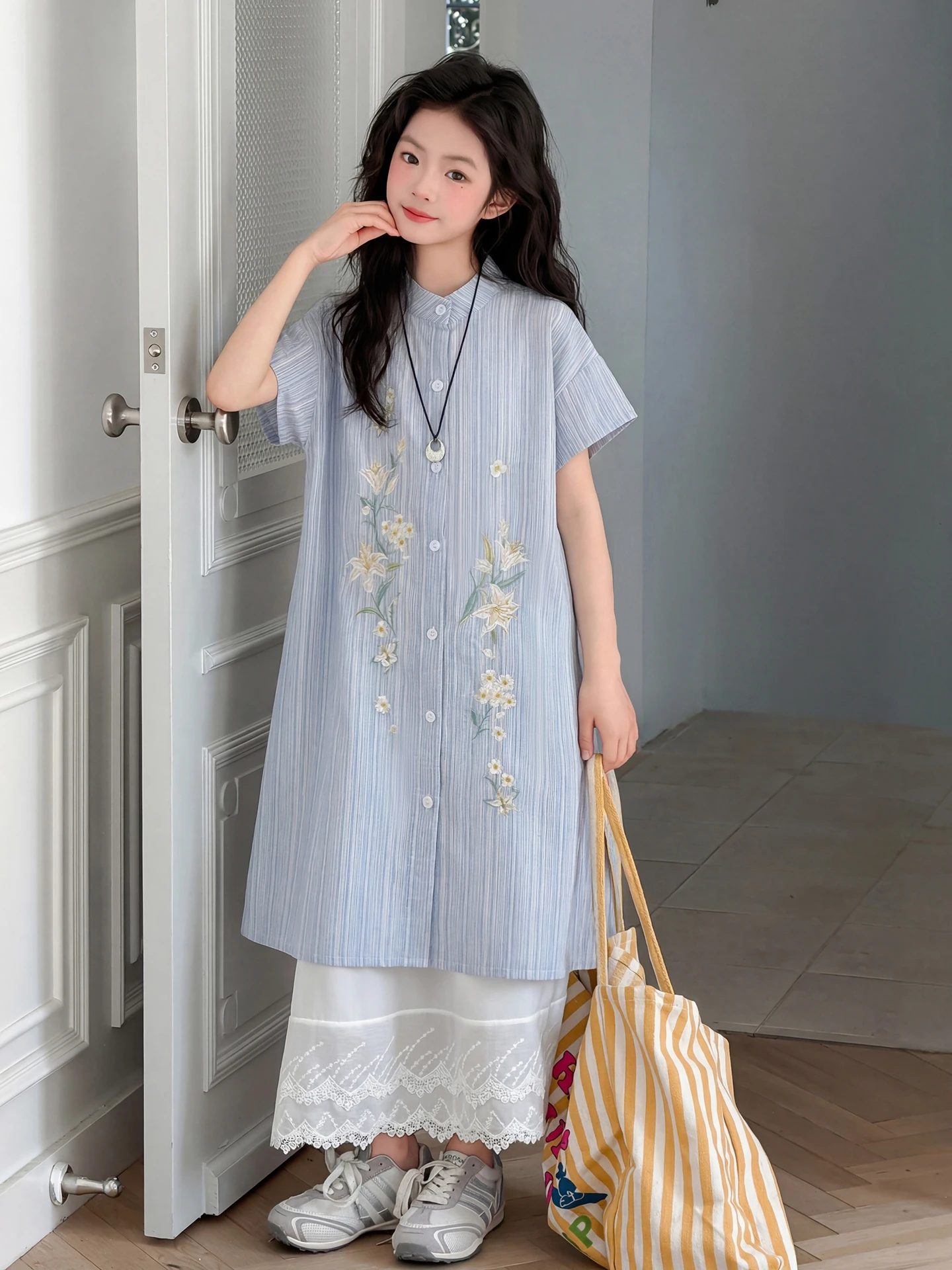 Conjunto de Vestido Camisa para Meninas Estilo Verão, Manga Curta, Casual, Ajuste Solto, Conjunto de Algodão em Duas Peças para Crianças Abaixo de 17 