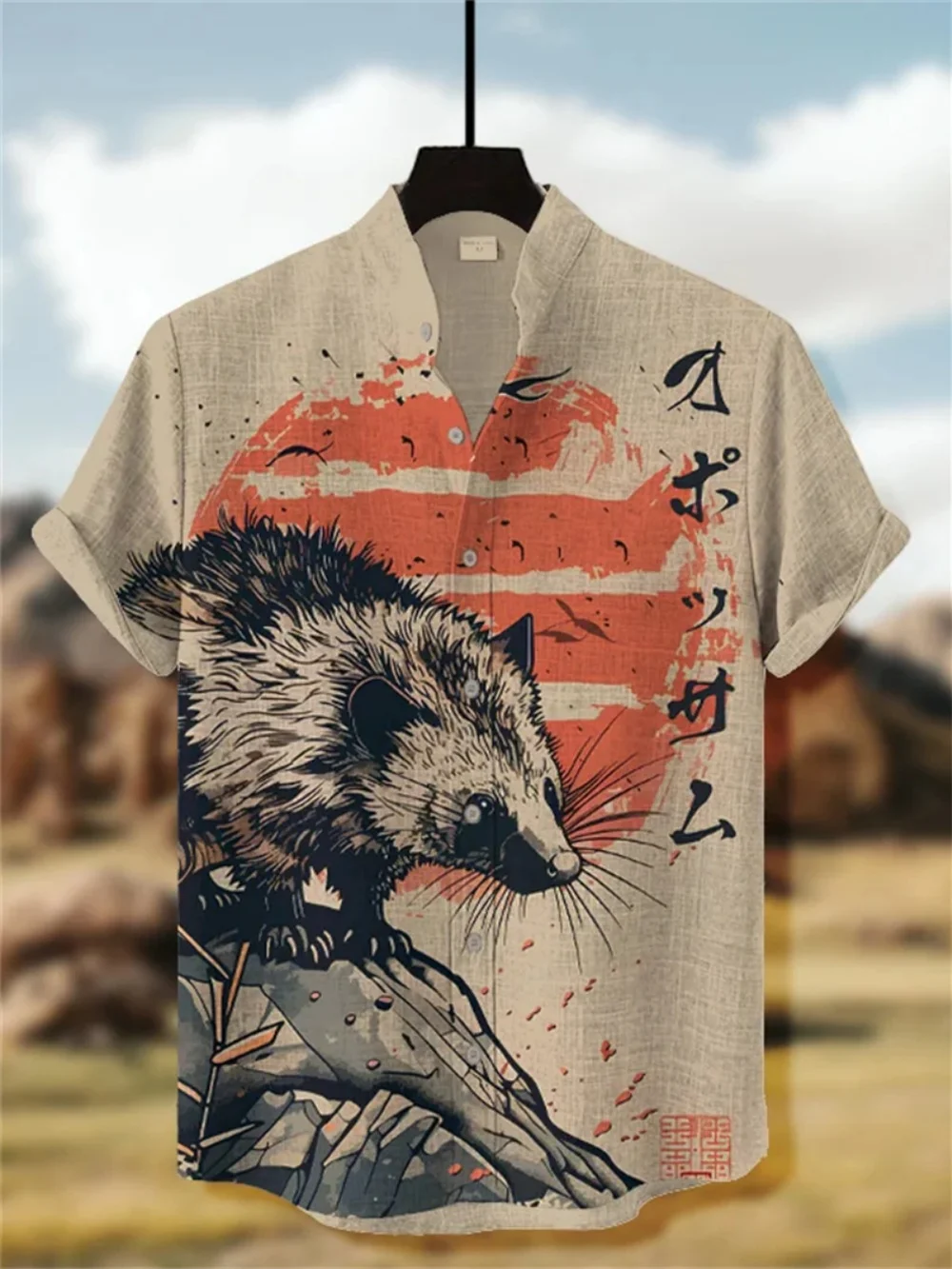 

Men's Short Sleeve Linen Shirt Printed Stand up Collar Cardigan Street Fashion Loose Breathable High-Quality Clothing