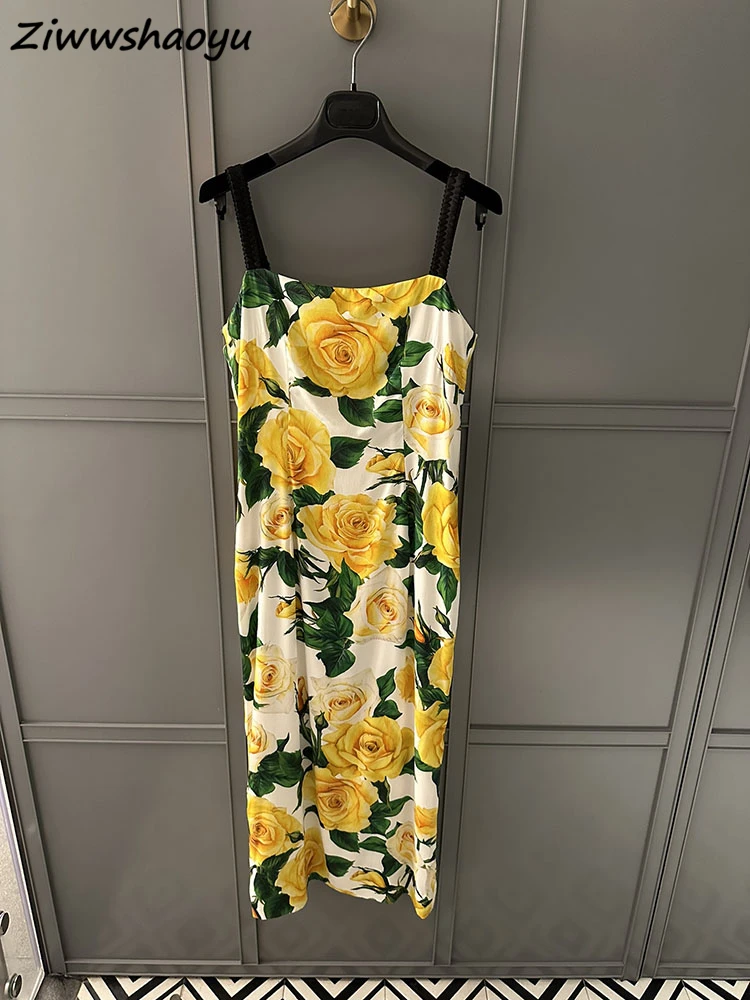 

High Quality Summer Women Fashion Runway Designer Real Silk Sexy Spaghetti Strap Yellow Floral Printed Slim Split Dresses