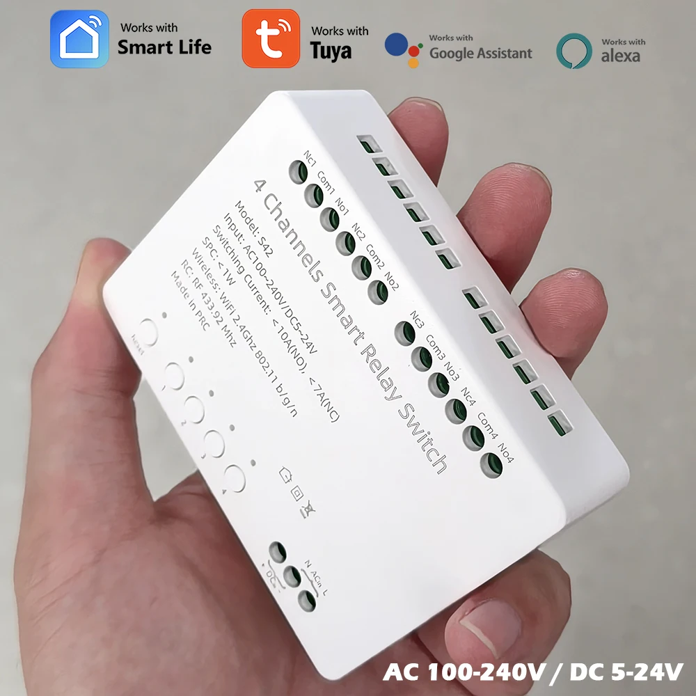 

Релейный модуль домашней автоматизации, 4-канальный переменный ток 100-240 В постоянного тока 5-24 В, без NC COM Tuya, умное управление, Wi-Fi, RF433, беспроводной, работает с Alexa