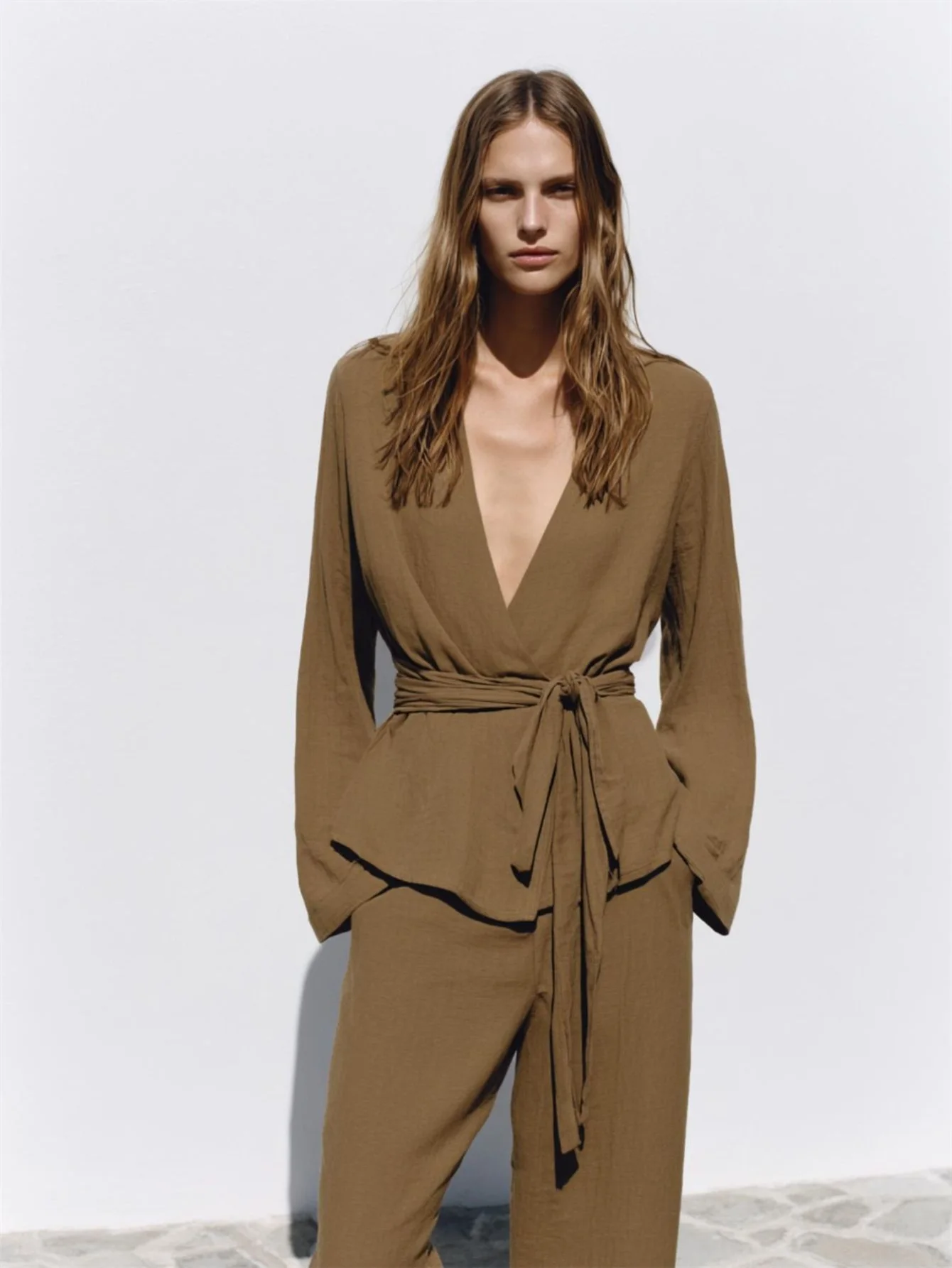 قميص نسائي طويل الأكمام برقبة على شكل حرف V للخريف والشتاء، كاجوال فضفاض مناسب بتصميم عادي