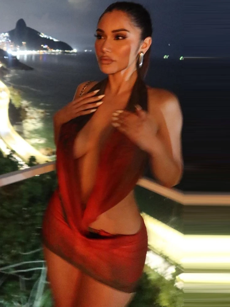 Seksowna Sukienka Damska z Siateczki Bez Pleców typu Halter z Głębokim Dekoltem V, Obcisła, Bez Talii, Coquette, Hot Girl, na Imprezę Plażową, do Klubu Nocnego