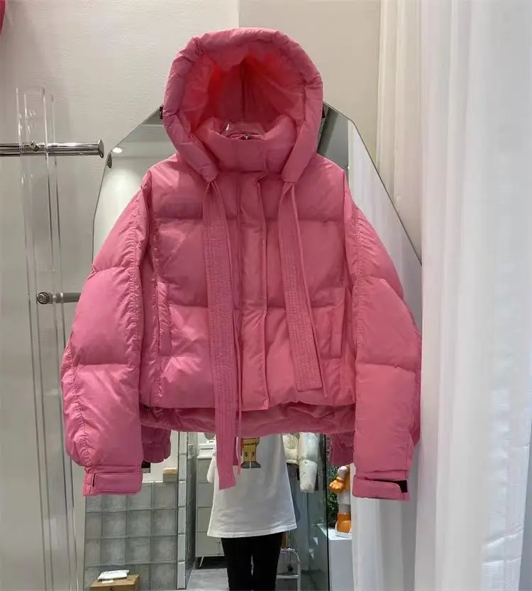 2024 new ribbon style down jacket women\'s ultra short hooded thickened loose jacket  winter coat women