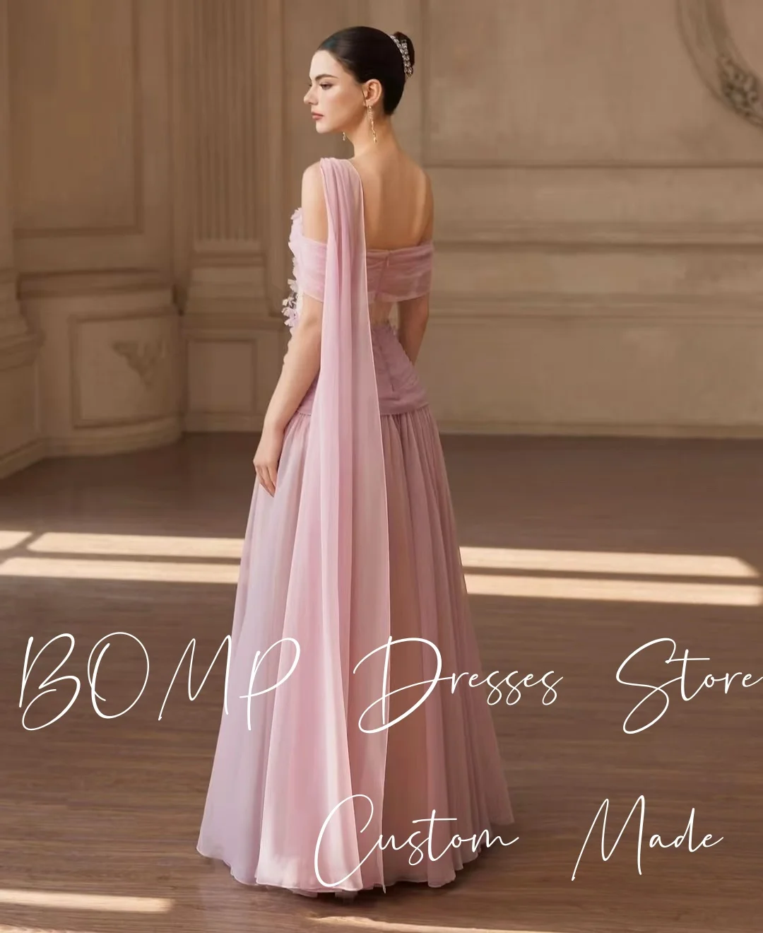 BOMP فستان رائع لحفلات الزفاف باللون الوردي للأطفال بدون أكتاف سترة طويلة مزين بثنيات من التل ثوب مسائي مخصص رداء De Mariée