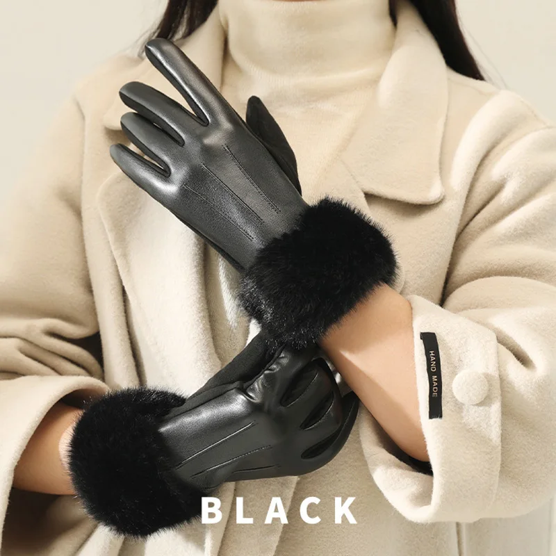 Winter Fashion With Faux Fur Trim PU Leather Women's Gloves for Cold Weather Cuff Thickened Thermal Lining Windproof Warm Gloves